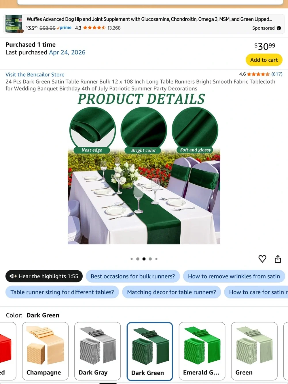 Dark Green Satin Table Runner - 17